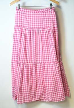 J Crew Pink White Checkered Tiered Long Boho Skirt Fuchsia Summer Size S